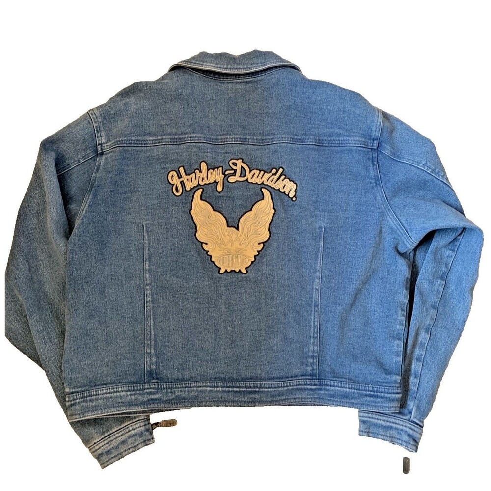 Vintage Harley-Davidson Womens L Denim Jacket Embroidered Eagle Zip Cuff Y2K